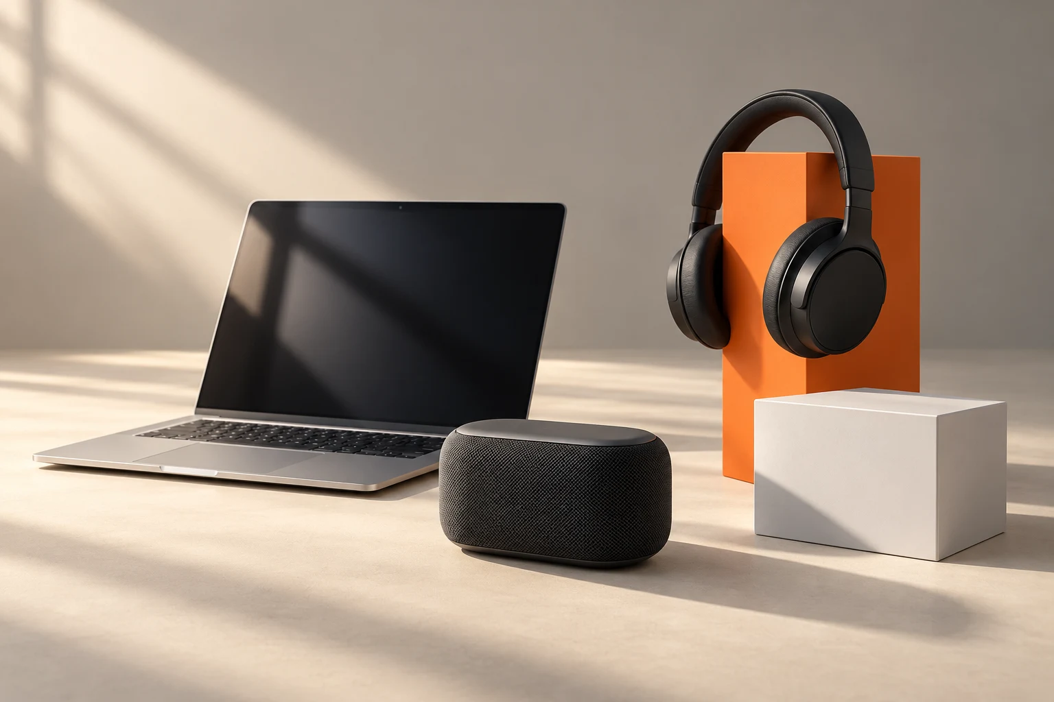 A curated arrangement of a laptop, headphones and speaker on a warm studio backdrop